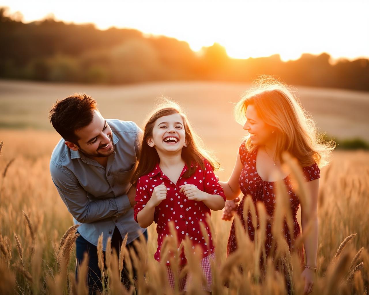Family laughing together in a sunlit field