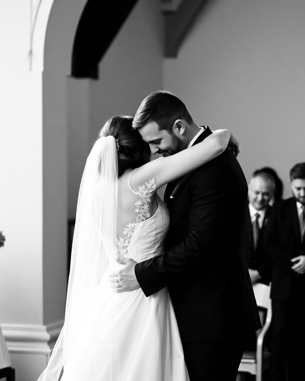 Bride and groom embracing at the altar in black and white